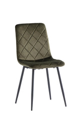 Olive green velvet dining chair with diamond stitched seat and black metal legs