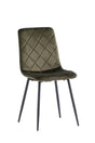 Olive green velvet dining chair with diamond stitched seat and black metal legs