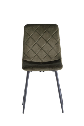Velvet dining chair with diamond-stitched backrest and black metal legs, front view