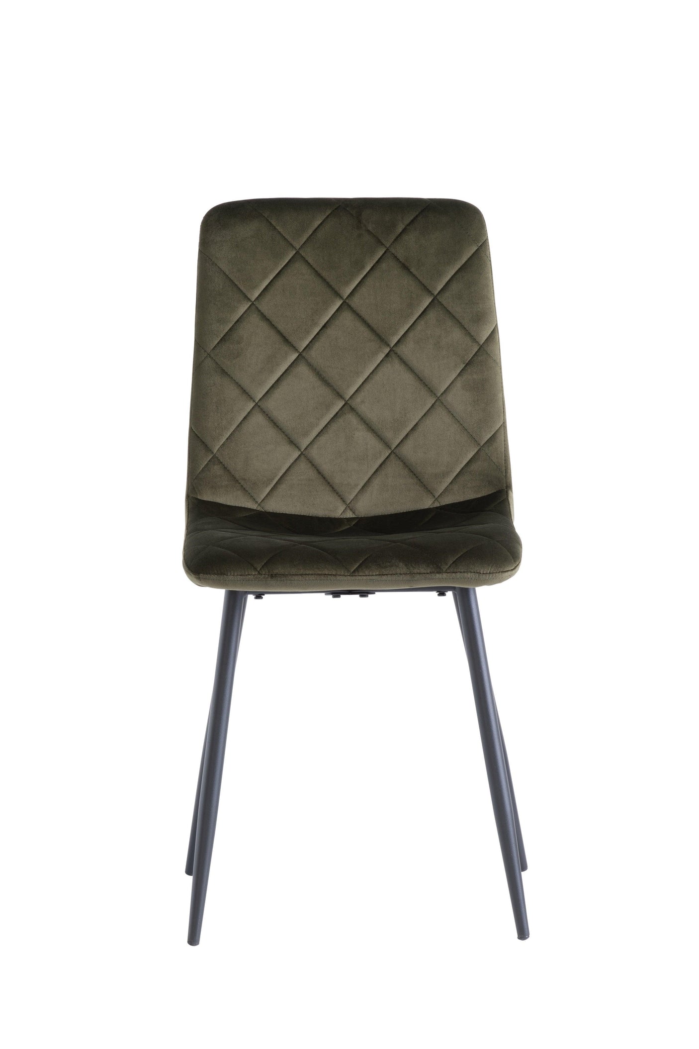 Velvet dining chair with diamond-stitched backrest and black metal legs, front view