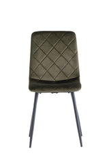Velvet dining chair with diamond-stitched backrest and black metal legs, front view