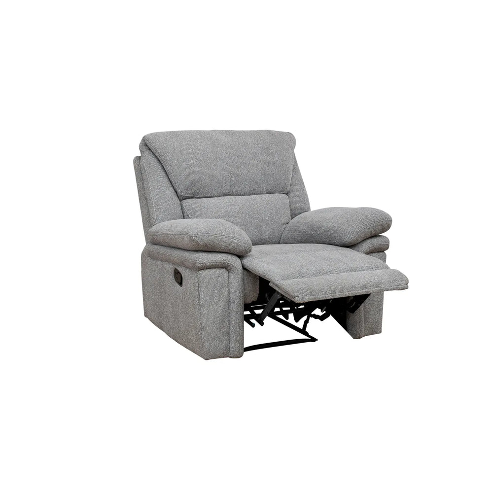 A light gray upholstered recliner chair with the footrest extended, shown against a plain white background.