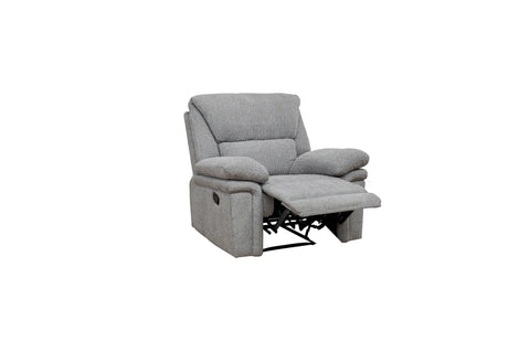 A light gray upholstered recliner chair with the footrest extended, shown against a plain white background.