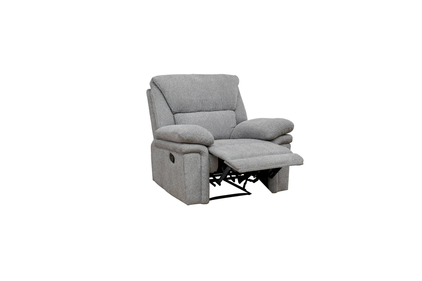 A light gray upholstered recliner chair with the footrest extended, shown against a plain white background.