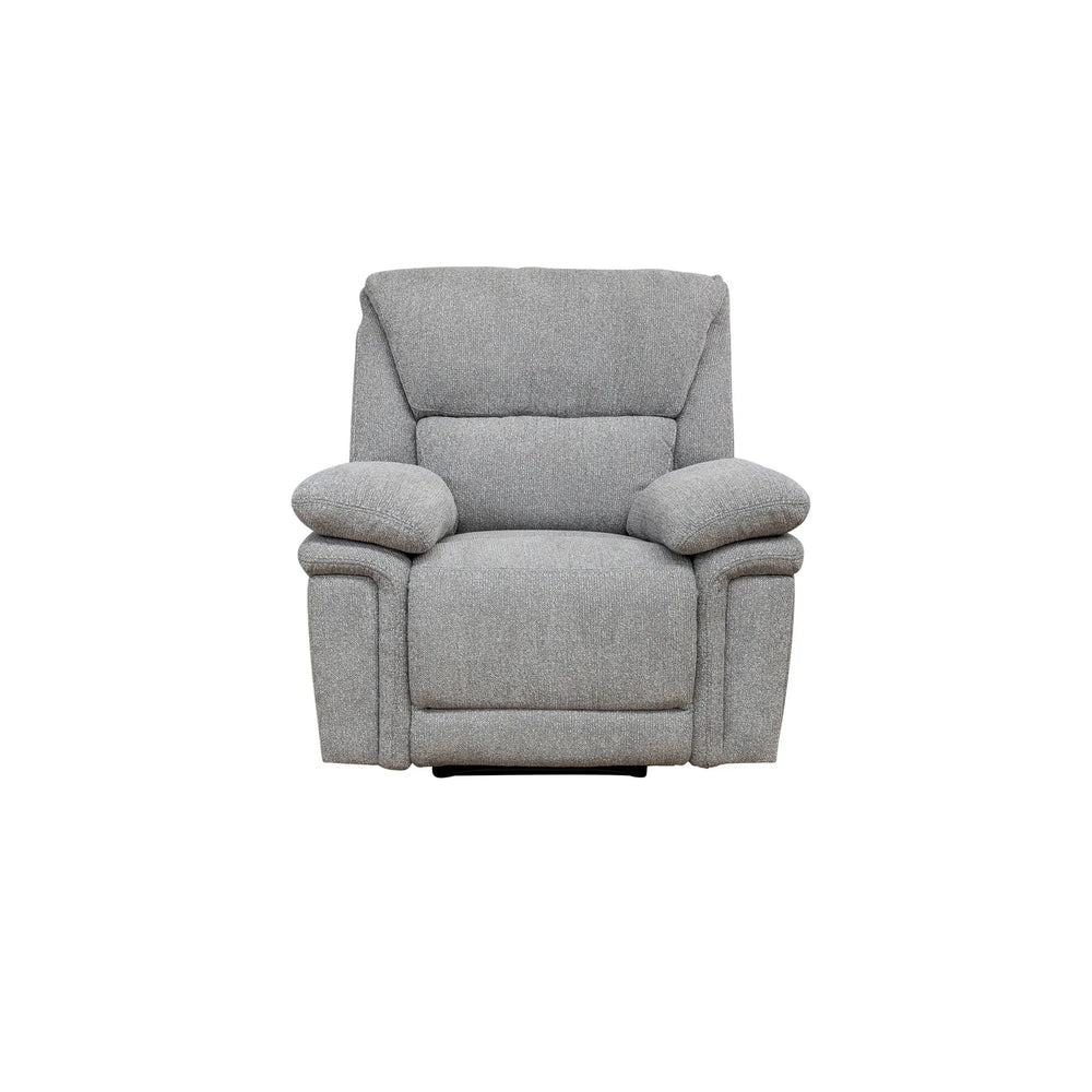 A light gray upholstered recliner chair centered on a plain white background.