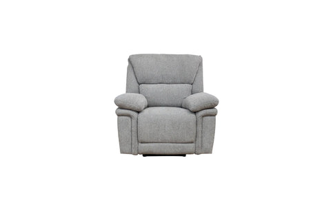A light gray upholstered recliner chair centered on a plain white background.