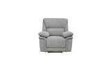 A light gray upholstered recliner chair centered on a plain white background.