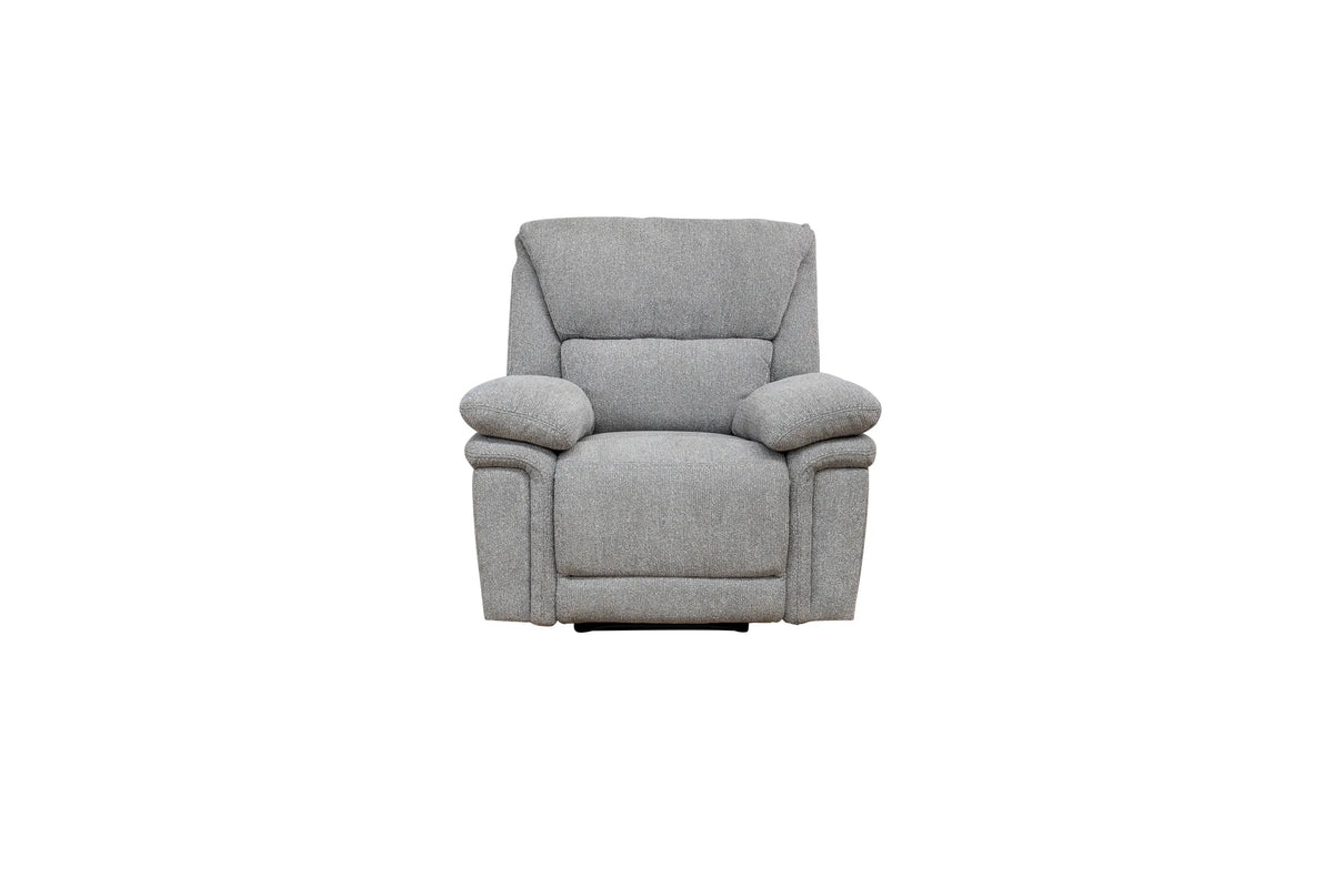 A light gray upholstered recliner chair centered on a plain white background.
