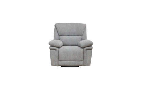 A light gray upholstered recliner chair centered on a plain white background.