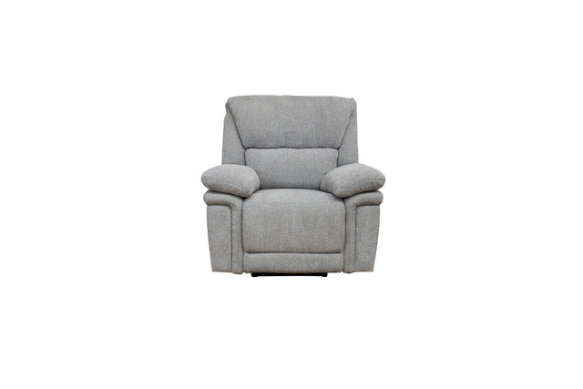 A light gray upholstered recliner chair centered on a plain white background.