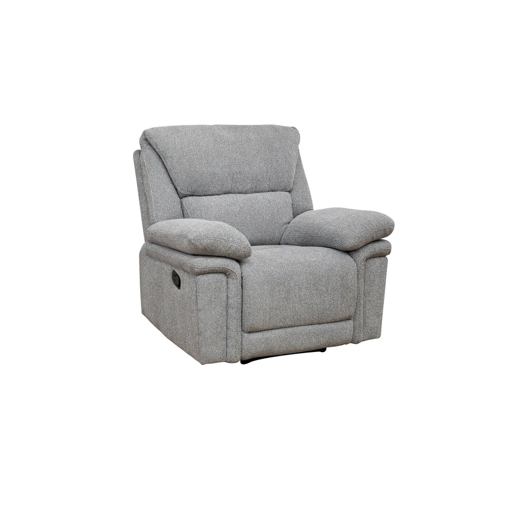 A light gray upholstered recliner chair with a high back and padded armrests, shown on a plain white background.