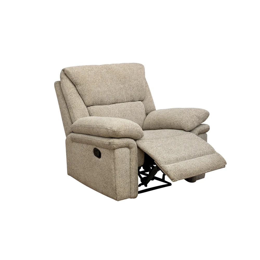A beige upholstered recliner chair with the footrest extended, shown against a plain white background.