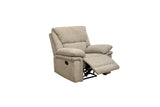 A beige upholstered recliner chair with the footrest extended, shown against a plain white background.