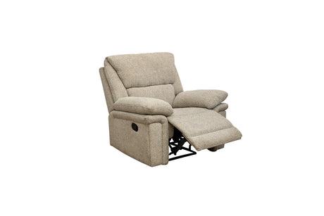 A beige upholstered recliner chair with the footrest extended, shown against a plain white background.