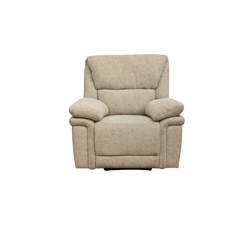 A beige upholstered recliner chair with a high back, padded armrests, and a low dark base, shown against a plain white background.