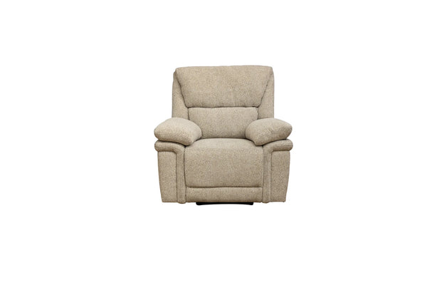 A beige upholstered recliner chair with a high back, padded armrests, and a low dark base, shown against a plain white background.