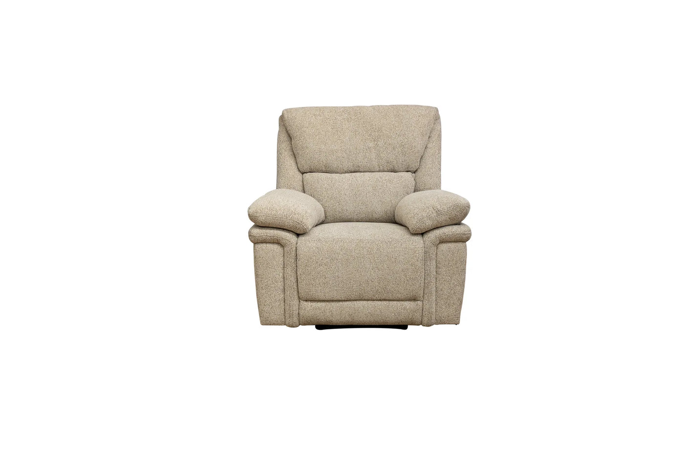 A beige upholstered recliner chair with a high back, padded armrests, and a low dark base, shown against a plain white background.