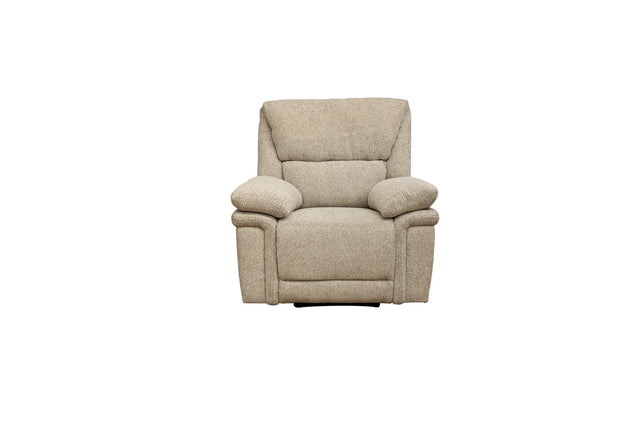 A beige upholstered recliner chair with a high back, padded armrests, and a low dark base, shown against a plain white background.