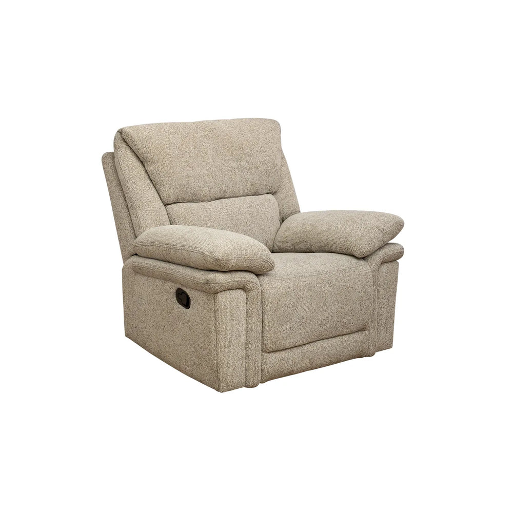 A beige upholstered recliner chair shown at a three-quarter angle on a plain white background.
