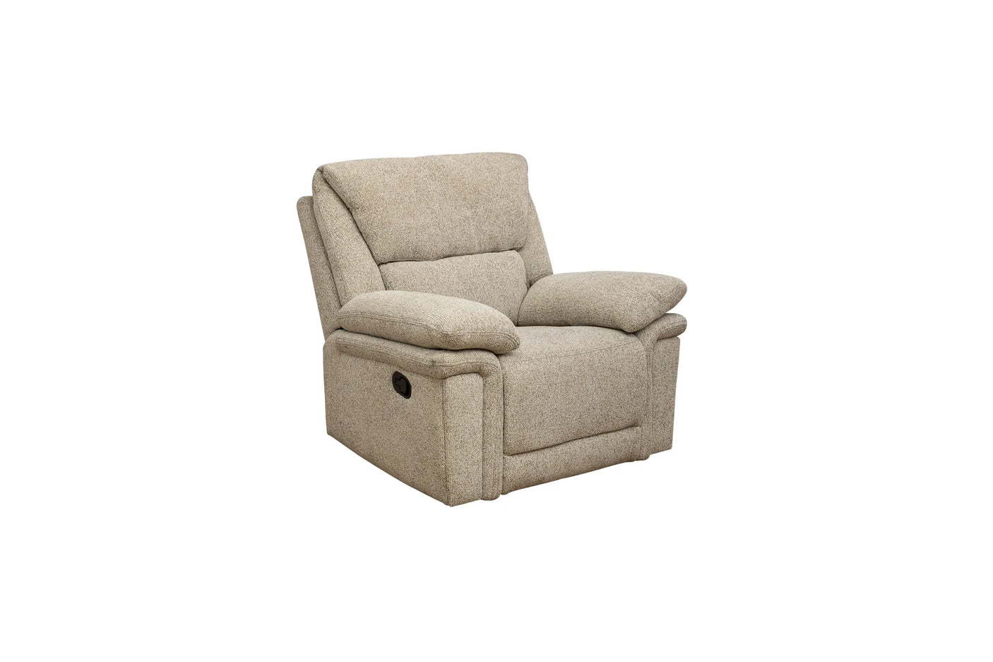 A beige upholstered recliner chair shown at a three-quarter angle on a plain white background.