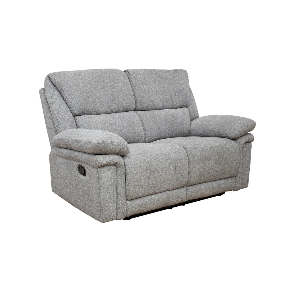 A light gray upholstered reclining loveseat with padded armrests and segmented back cushions, shown on a plain white background.