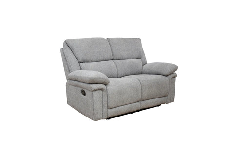 A light gray upholstered reclining loveseat with padded armrests and segmented back cushions, shown on a plain white background.