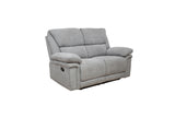 A light gray upholstered reclining loveseat with padded armrests and segmented back cushions, shown on a plain white background.