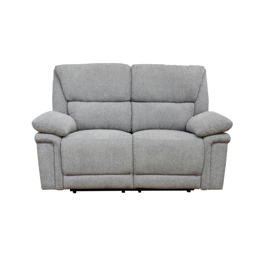 A light gray upholstered reclining loveseat sofa with two seat cushions, padded armrests, and a low profile, shown against a plain white background.