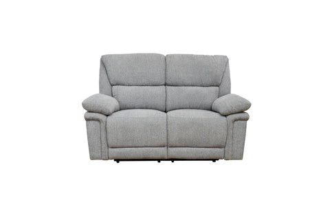 A light gray upholstered reclining loveseat sofa with two seat cushions, padded armrests, and a low profile, shown against a plain white background.
