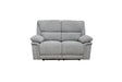 A light gray upholstered reclining loveseat sofa with two seat cushions, padded armrests, and a low profile, shown against a plain white background.