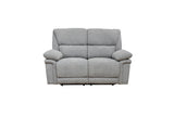 A light gray upholstered reclining loveseat sofa with two seat cushions, padded armrests, and a low profile, shown against a plain white background.