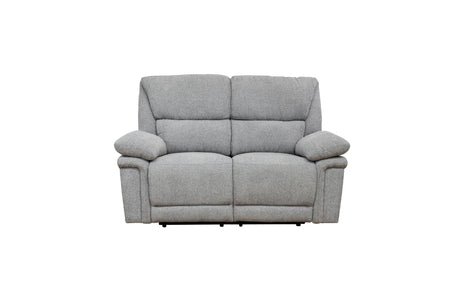 A light gray upholstered reclining loveseat sofa with two seat cushions, padded armrests, and a low profile, shown against a plain white background.