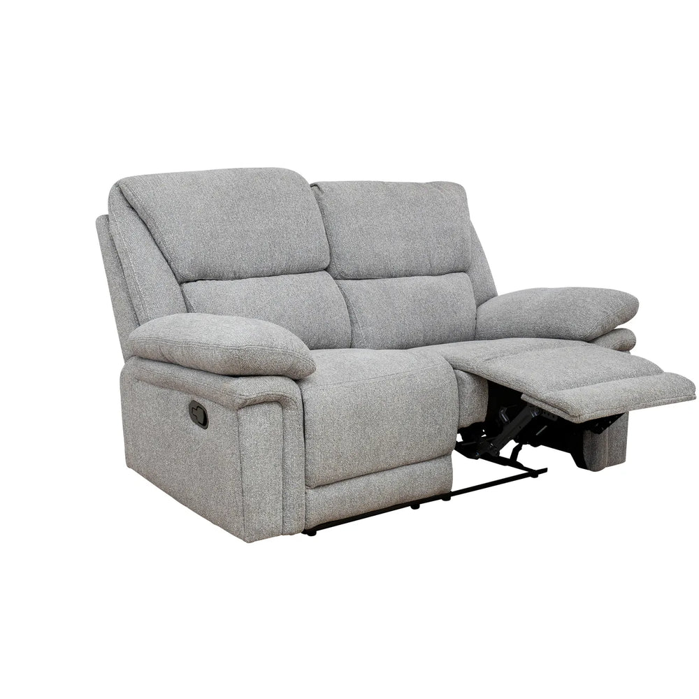 A light gray upholstered recliner loveseat shown with one seat cushion extended into a footrest, photographed on a plain white background.