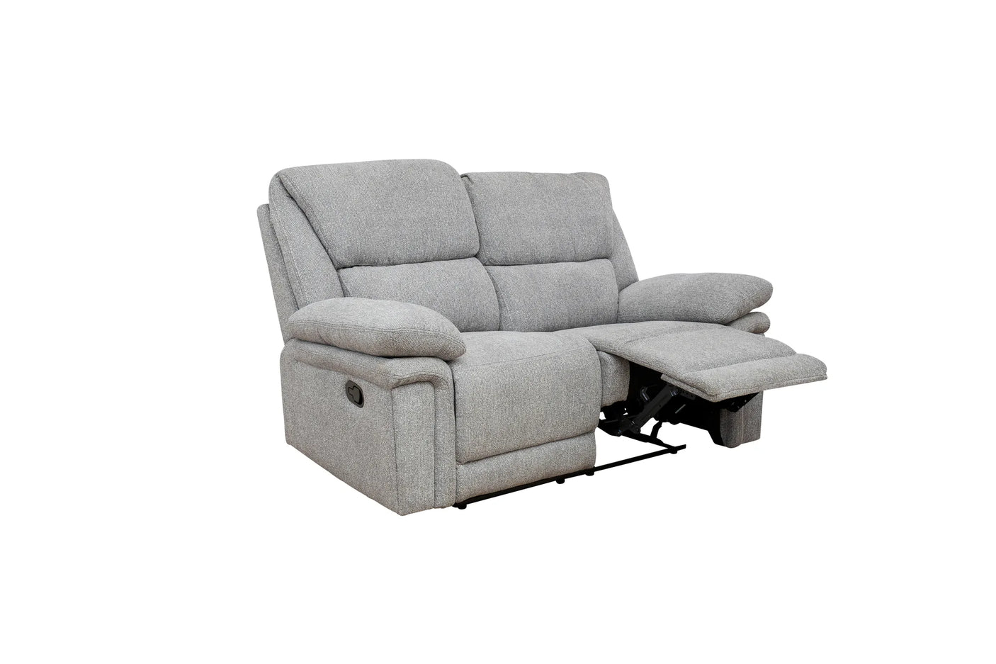 A light gray upholstered recliner loveseat shown with one seat cushion extended into a footrest, photographed on a plain white background.