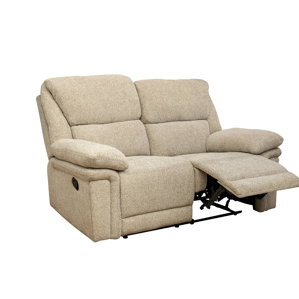 A beige upholstered reclining loveseat with one seat cushion extended, shown against a plain white background.