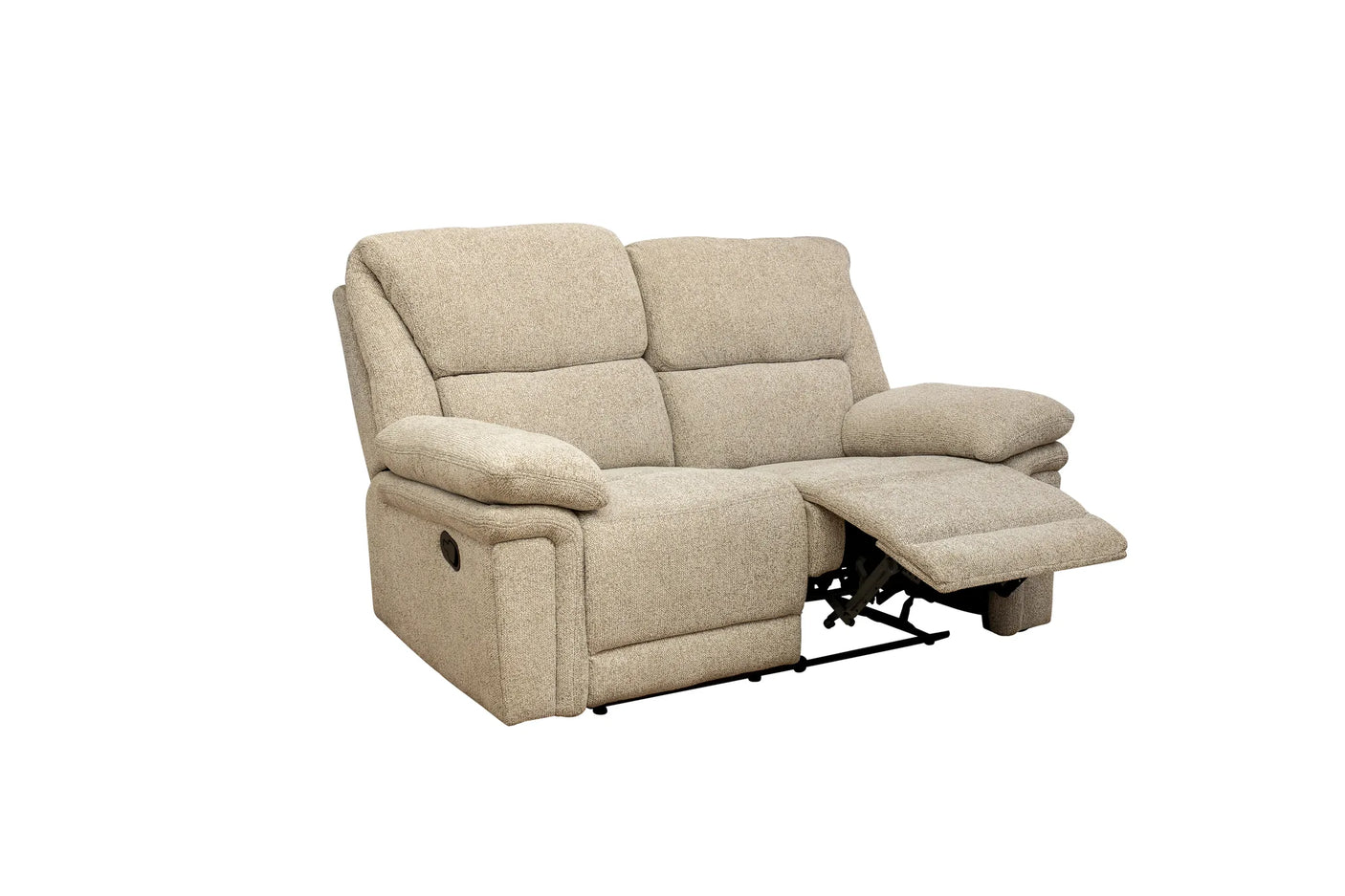 A beige upholstered reclining loveseat with one seat cushion extended, shown against a plain white background.