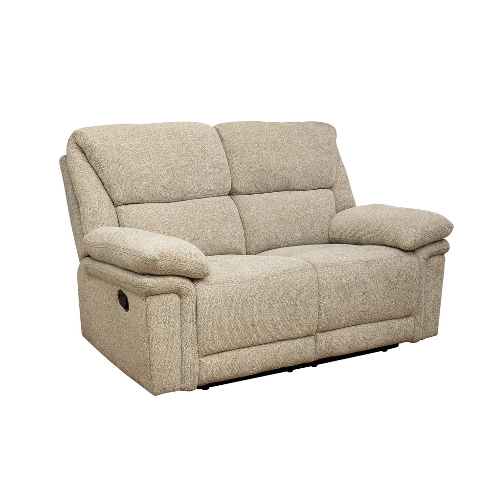A beige upholstered reclining loveseat with a two-seat cushion, padded armrests, and side adjustment controls, shown on a plain white background.