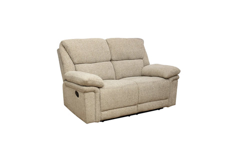 A beige upholstered reclining loveseat with a two-seat cushion, padded armrests, and side adjustment controls, shown on a plain white background.