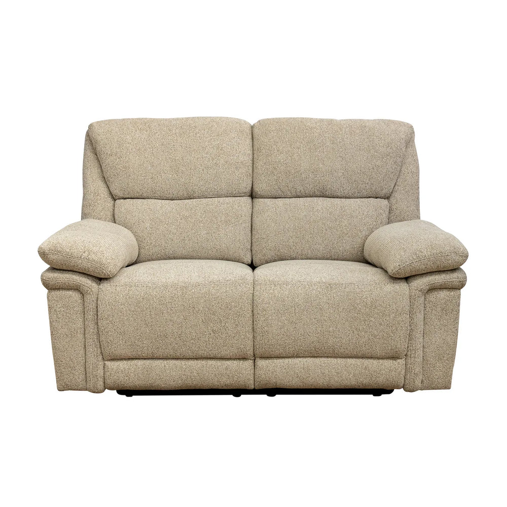 A two-seater upholstered reclining loveseat in a textured beige fabric, shown from the front against a plain white background.