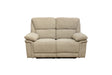 A two-seater upholstered reclining loveseat in a textured beige fabric, shown from the front against a plain white background.