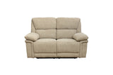 A two-seater upholstered reclining loveseat in a textured beige fabric, shown from the front against a plain white background.