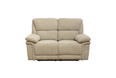 A two-seater upholstered reclining loveseat in a textured beige fabric, shown from the front against a plain white background.