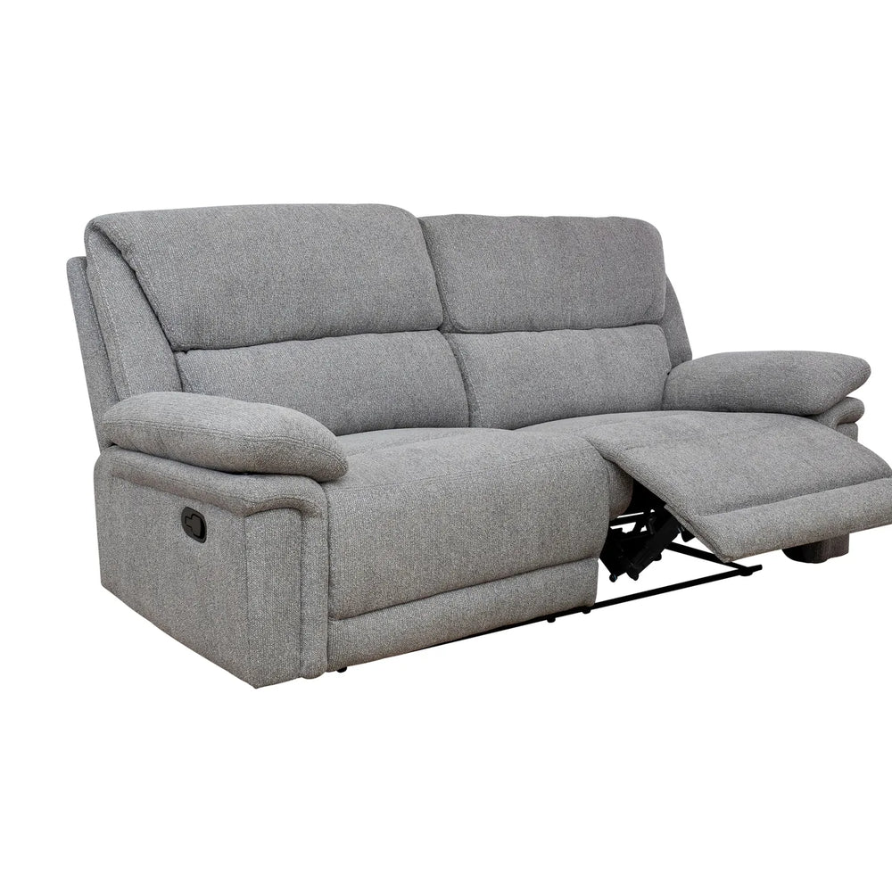 A light gray upholstered reclining loveseat shown on a plain white background, with the right armrest extended.