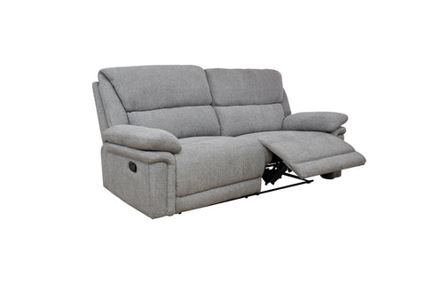 A light gray upholstered reclining loveseat shown on a plain white background, with the right armrest extended.