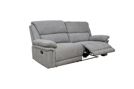 A light gray upholstered reclining loveseat shown on a plain white background, with the right armrest extended.