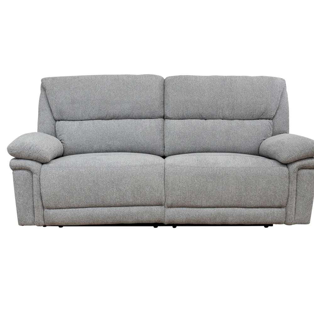 A light gray upholstered reclining loveseat sofa with padded armrests and segmented back cushions, shown against a plain white background.