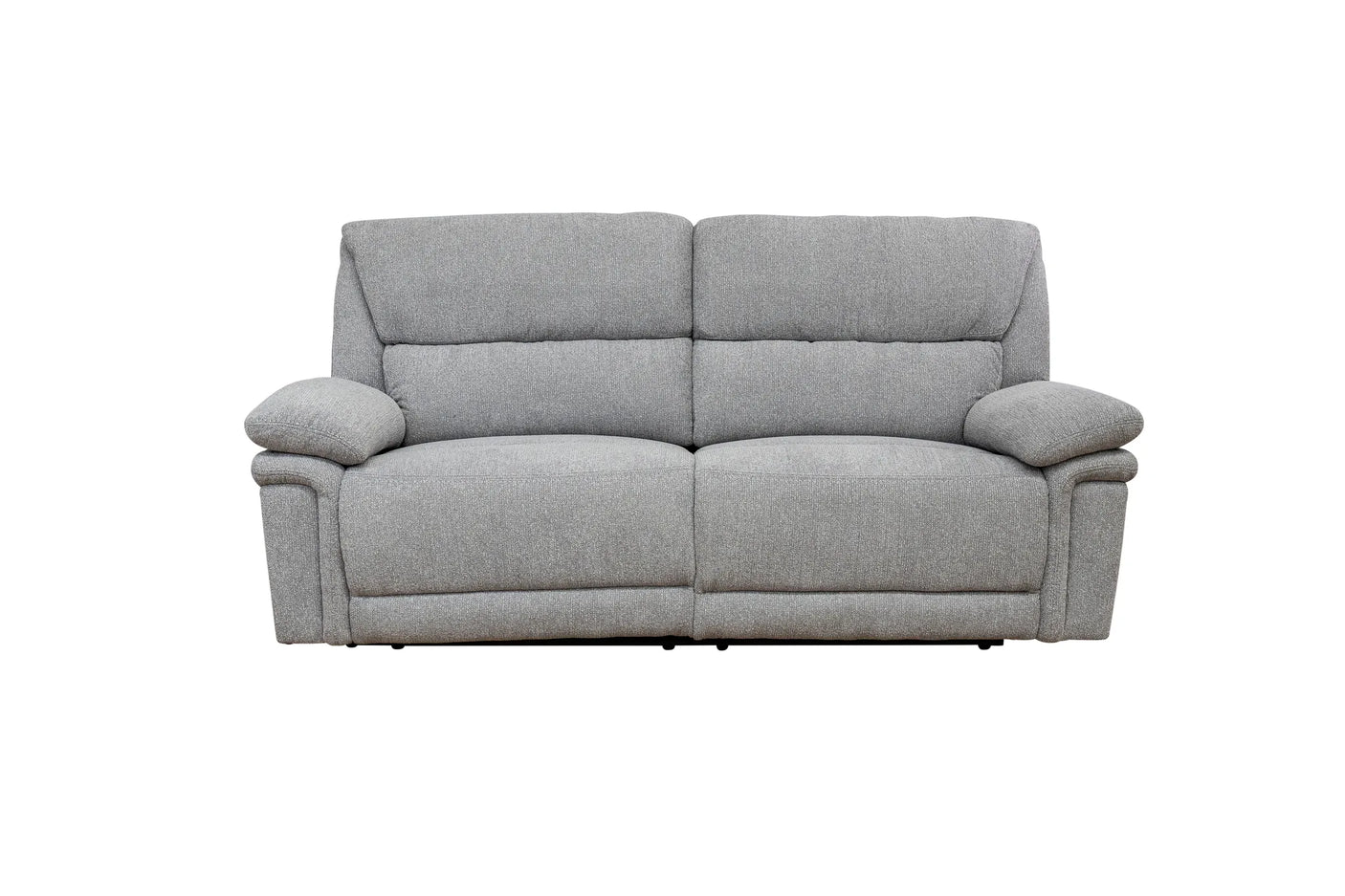 A light gray upholstered reclining loveseat sofa with padded armrests and segmented back cushions, shown against a plain white background.