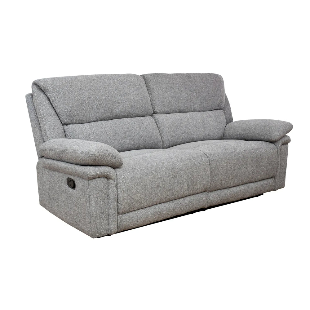 A light gray upholstered reclining loveseat sofa with padded armrests and segmented back cushions, shown on a plain white background.