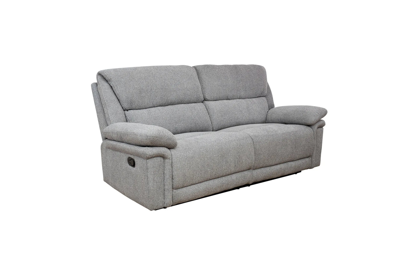 A light gray upholstered reclining loveseat sofa with padded armrests and segmented back cushions, shown on a plain white background.