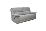 A light gray upholstered reclining loveseat sofa with padded armrests and segmented back cushions, shown on a plain white background.